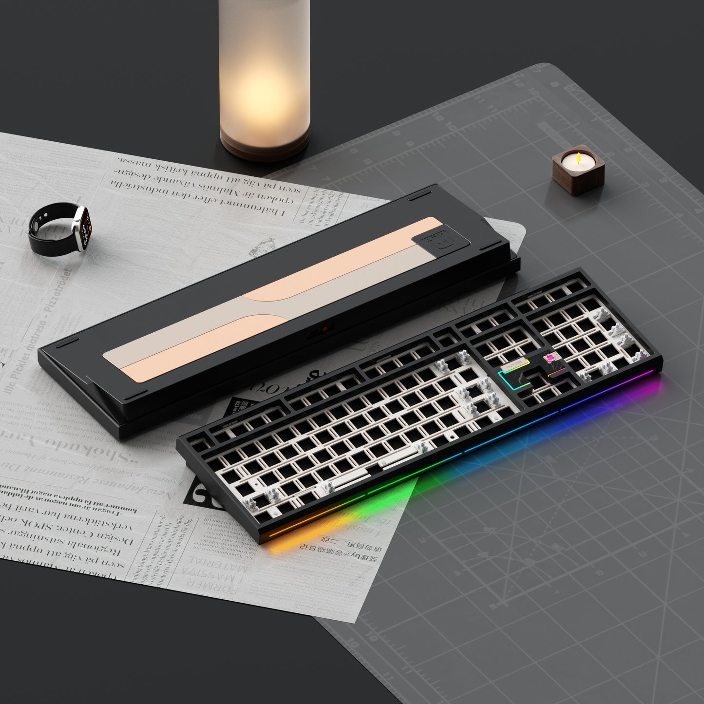 Mechanical keyboard on a desk with a candle and newspaper in the background