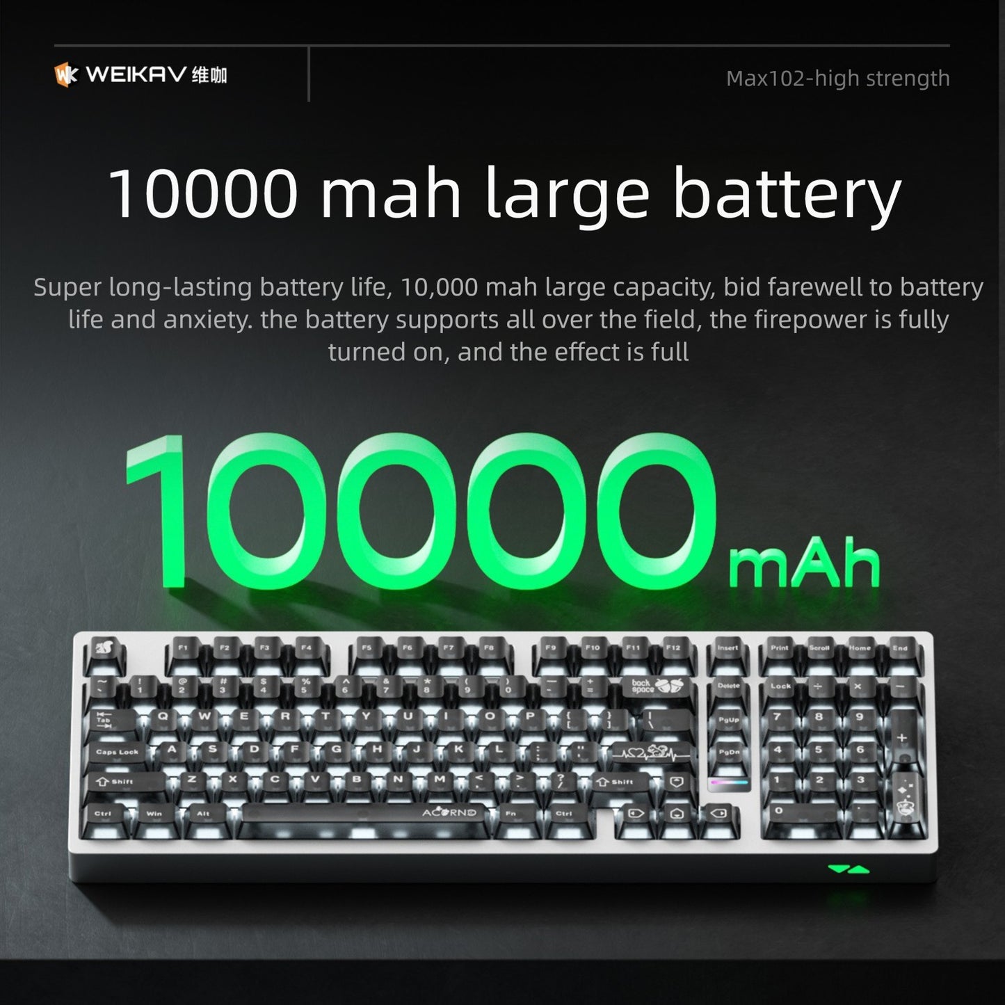 Mechanical keyboard with 10,000 mAh battery capacity text on a dark background