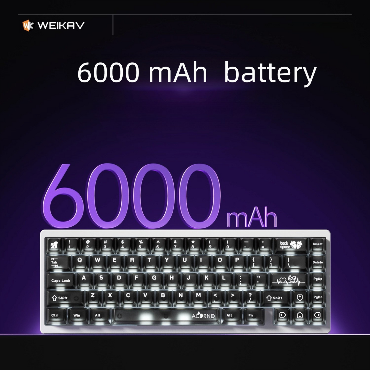 Keyboard with 6000 mAh battery text on a dark background