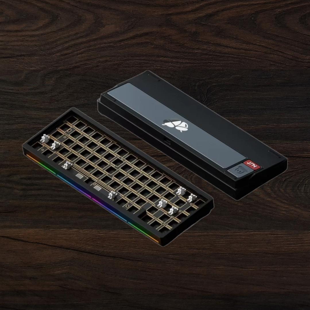 Weikav Nut 65 Black keyboard with RGB lighting on a wooden surface