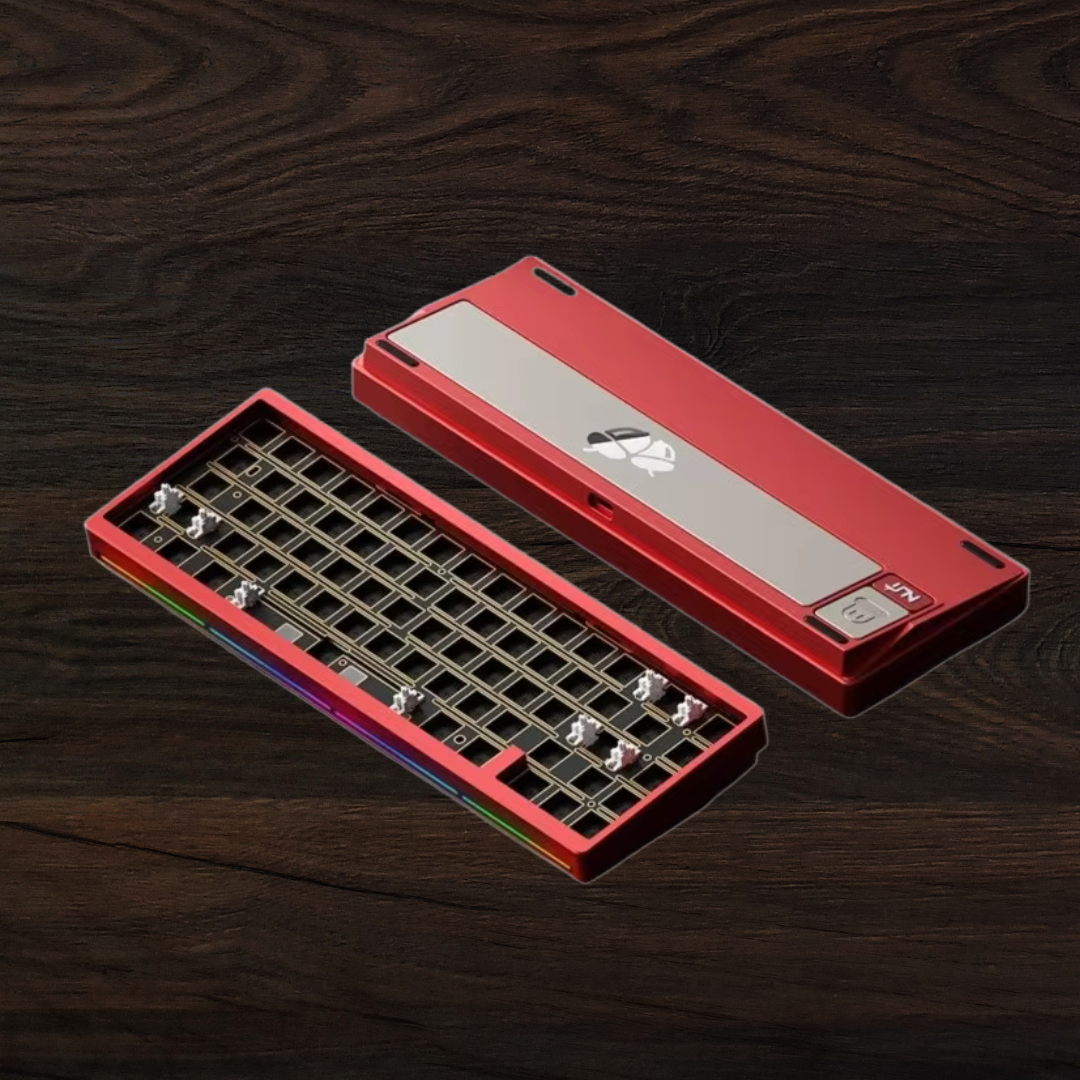 Weikav Nut 65 Red keyboard case with metal grid design on a dark wooden surface