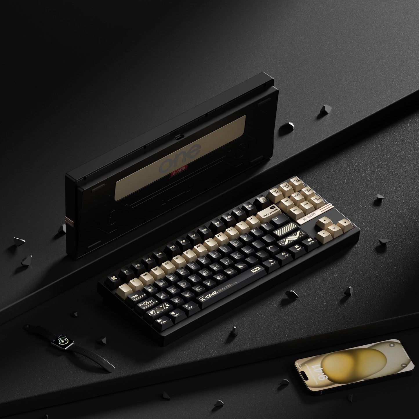 Mechanical keyboard with a black and gold design on a dark surface