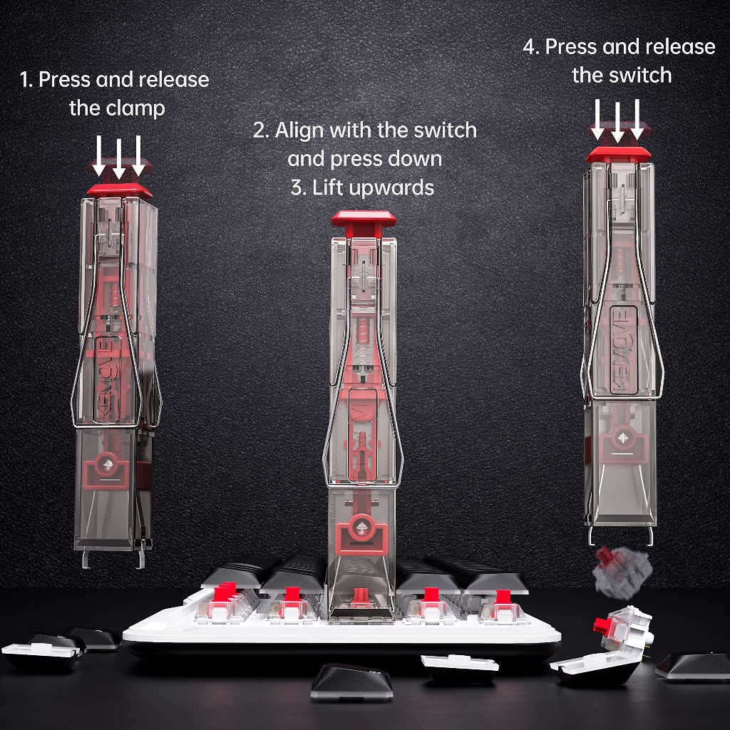 Render of the transparent Kemove P10 2 in 1 keycap and switch puller tool showing how to use the function of the tool