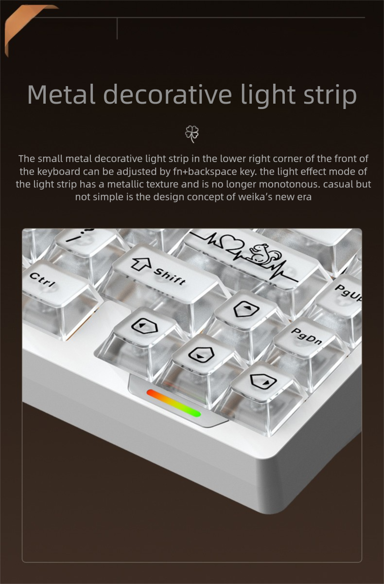 Metal decorative light strip on a keyboard with text description