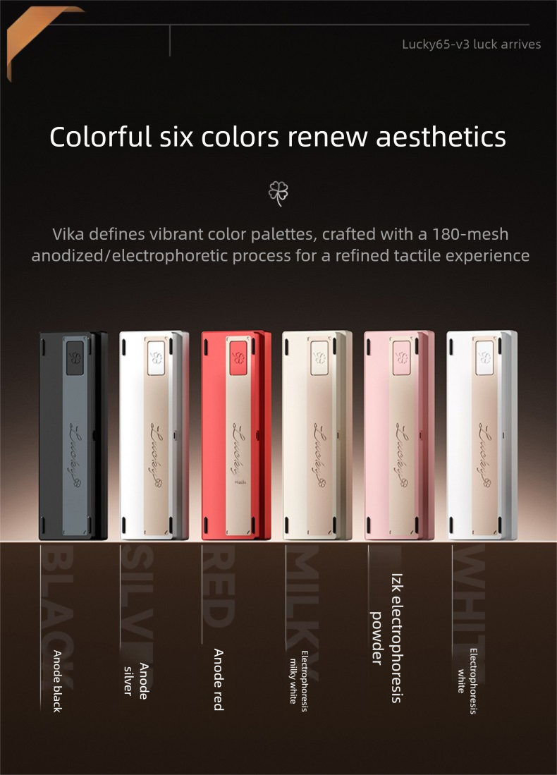 Row of Vika electronic devices in different colors on a dark background with text about color options.