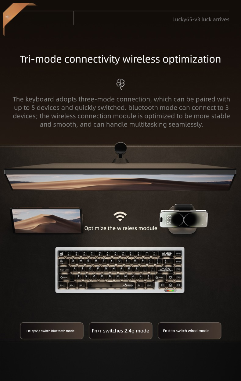 Technical diagram of a keyboard with tri-mode connectivity optimization on a dark background.
