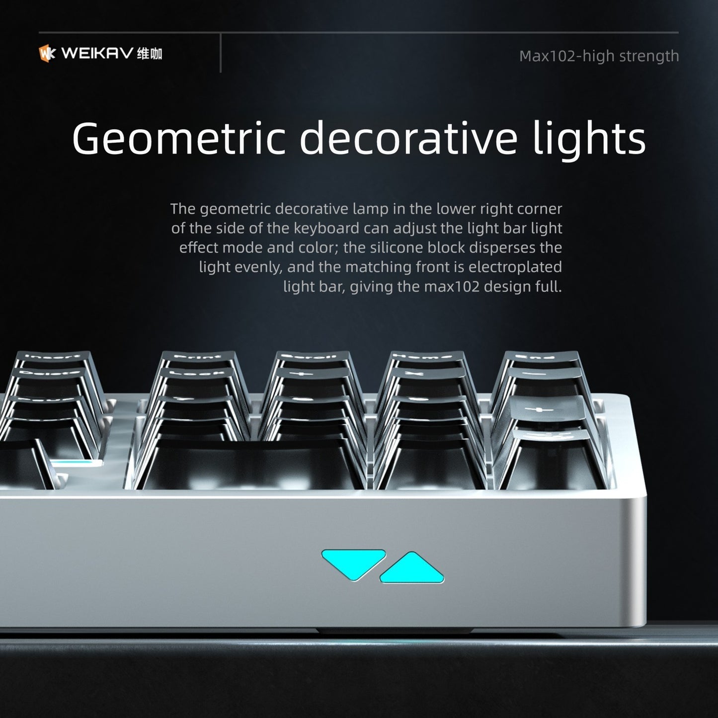 Geometric decorative lights on a keyboard with WEIKAV branding