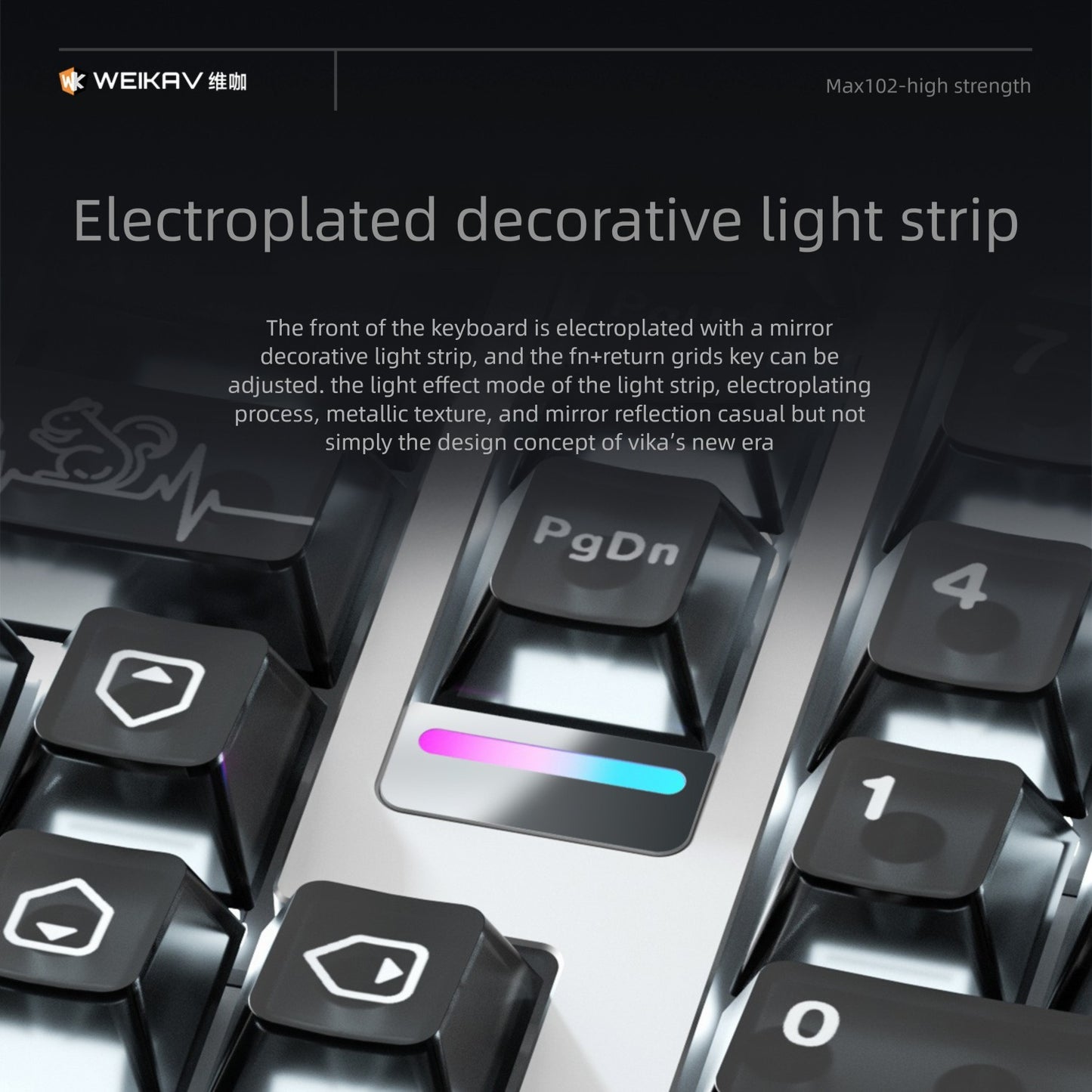 Close-up of a keyboard with electroplated decorative light strip, featuring the brand 'WEIKAV'.