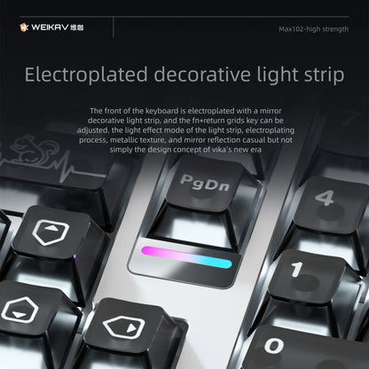 Close-up of a keyboard with electroplated decorative light strip, featuring the brand 'WEIKAV'.