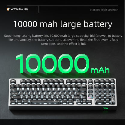 Mechanical keyboard with 10,000 mAh battery capacity text on a dark background
