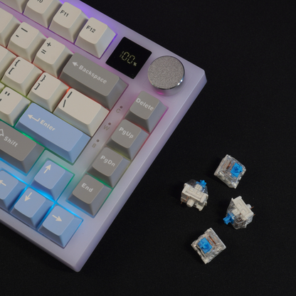 What The Thock Bubbly75 75% Mechanical Keyboard, Detail photo of the top right corner of the keyboard, detailing the media knob, screen, RGB, and Jixian Cyan Tactile switches