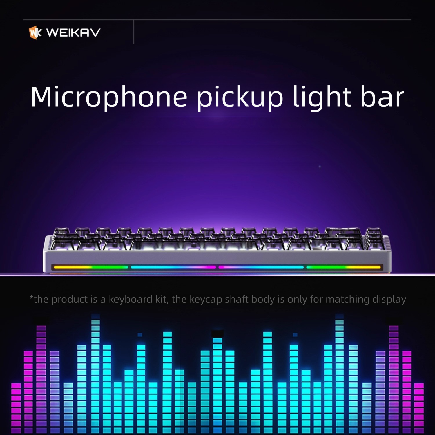 Keyboard kit with RGB lighting and 'WEIKAV' branding on a dark background