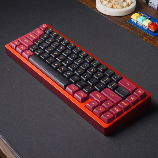 A Photo of the What The Thock Lucky65 65% mechanical keyboard in the Red color, taken from above showing the full keyboard