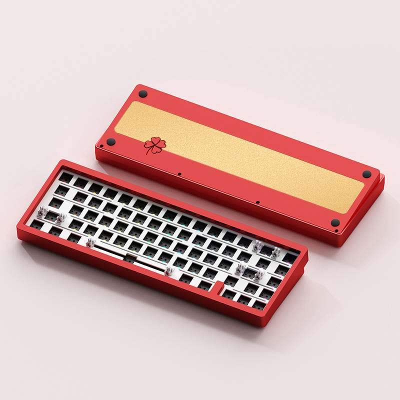 A Photo of the What The Thock Lucky65 65% mechanical keyboard showing the front and back of the Red Variant in barebones form