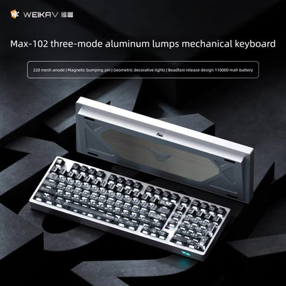 Weikav Max 102 Mechanical keyboard with metallic finish on a dark background, featuring the brand 'WEIKAV'.
