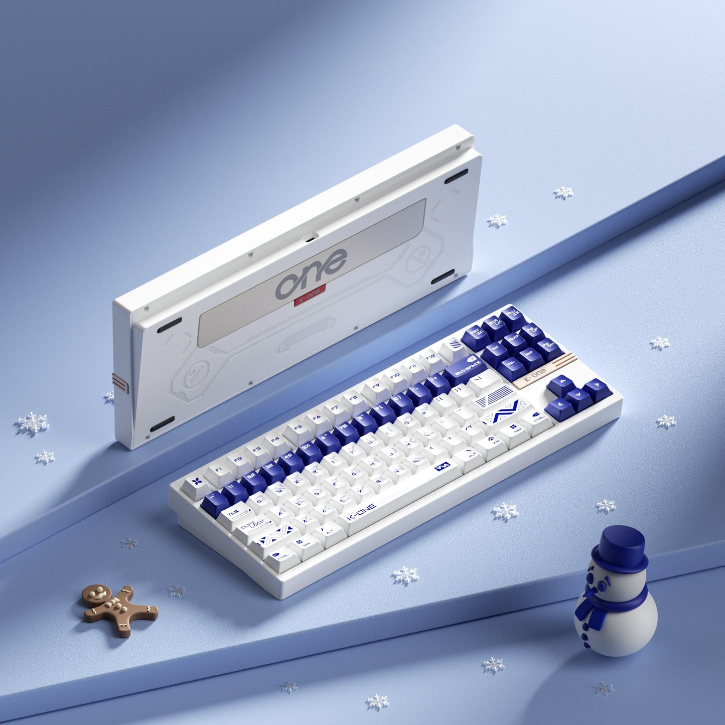 Mechanical keyboard with blue and white keys on a blue surface with decorative elements.