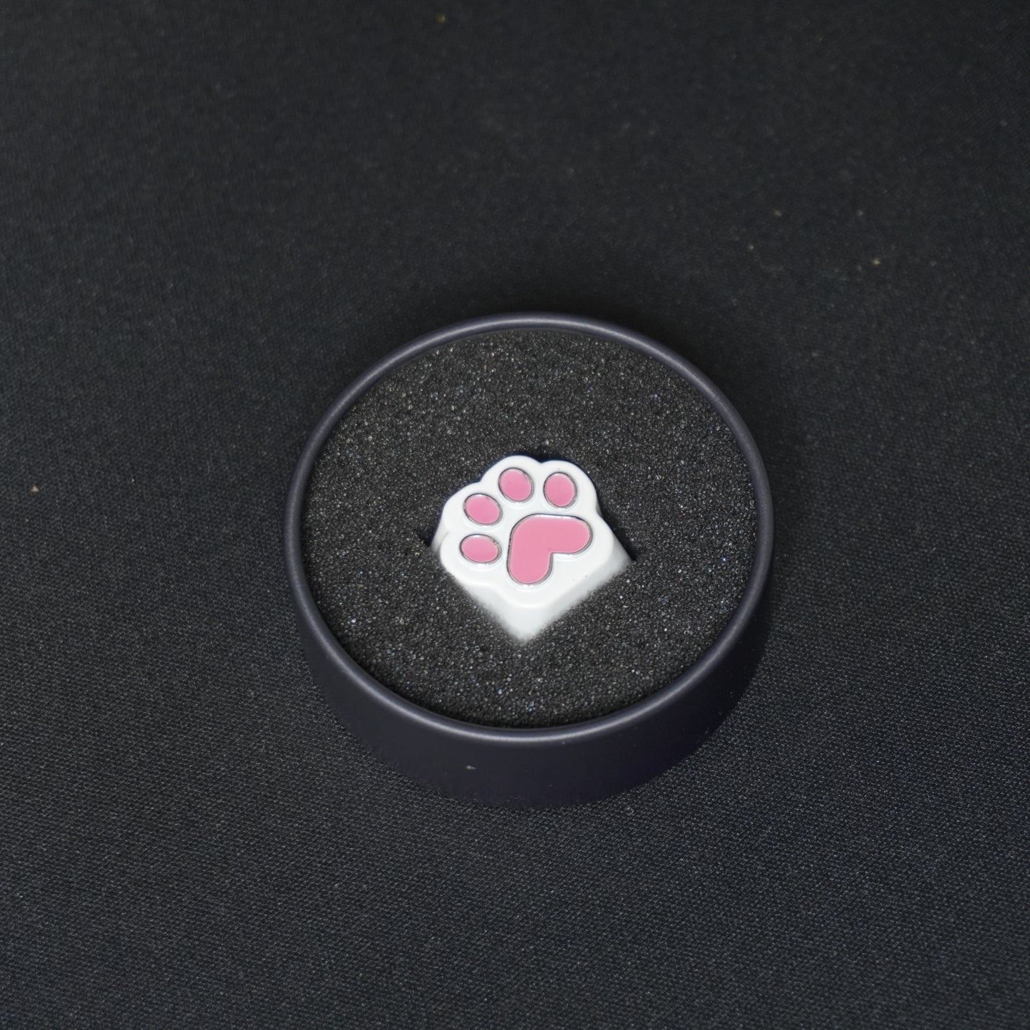 A detail photo of the Paw Print metal artisan anime keycap in its Packaging Tin