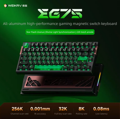 Gaming keyboard with green backlighting on a dark green background, featuring the brand 'WEIKAV'.