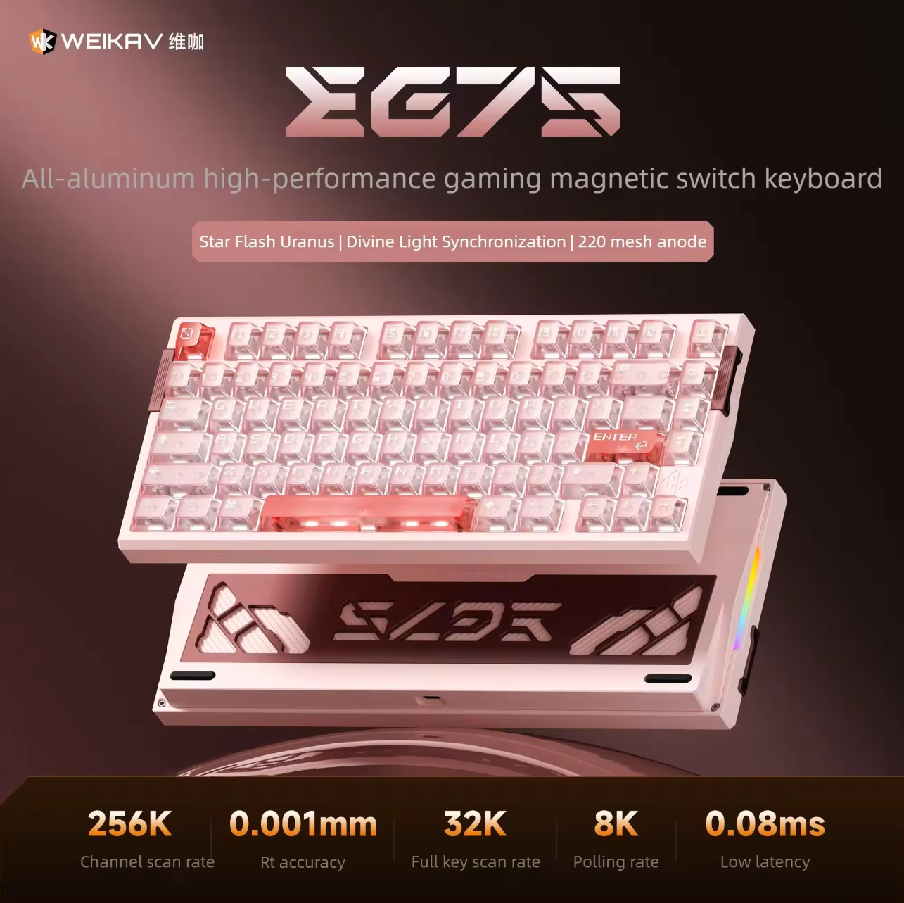 WEIKAV EG75 gaming keyboard with specifications on a dark background