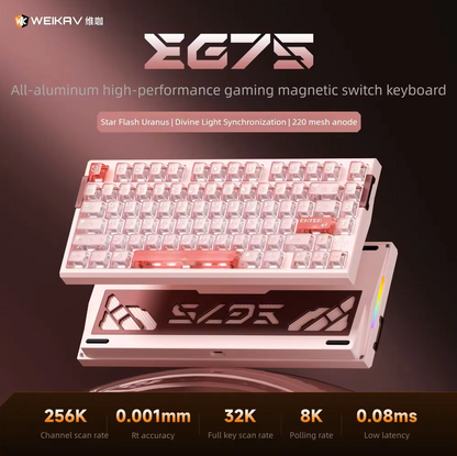 WEIKAV EG75 gaming keyboard with specifications on a dark background