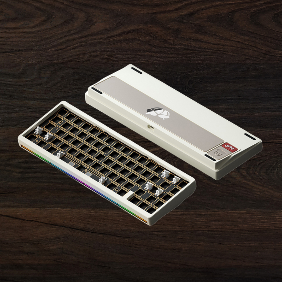 Weikav Nut 65 Milky White keyboard and case on a wooden surface