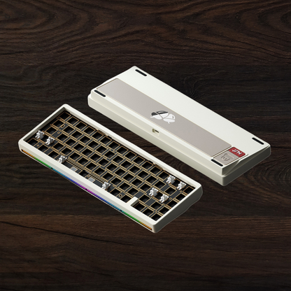 Weikav Nut 65 Milky White keyboard and case on a wooden surface