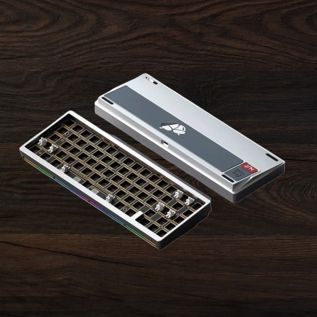 Weikav Nut 65 Silver keyboard and mouse on a wooden surface