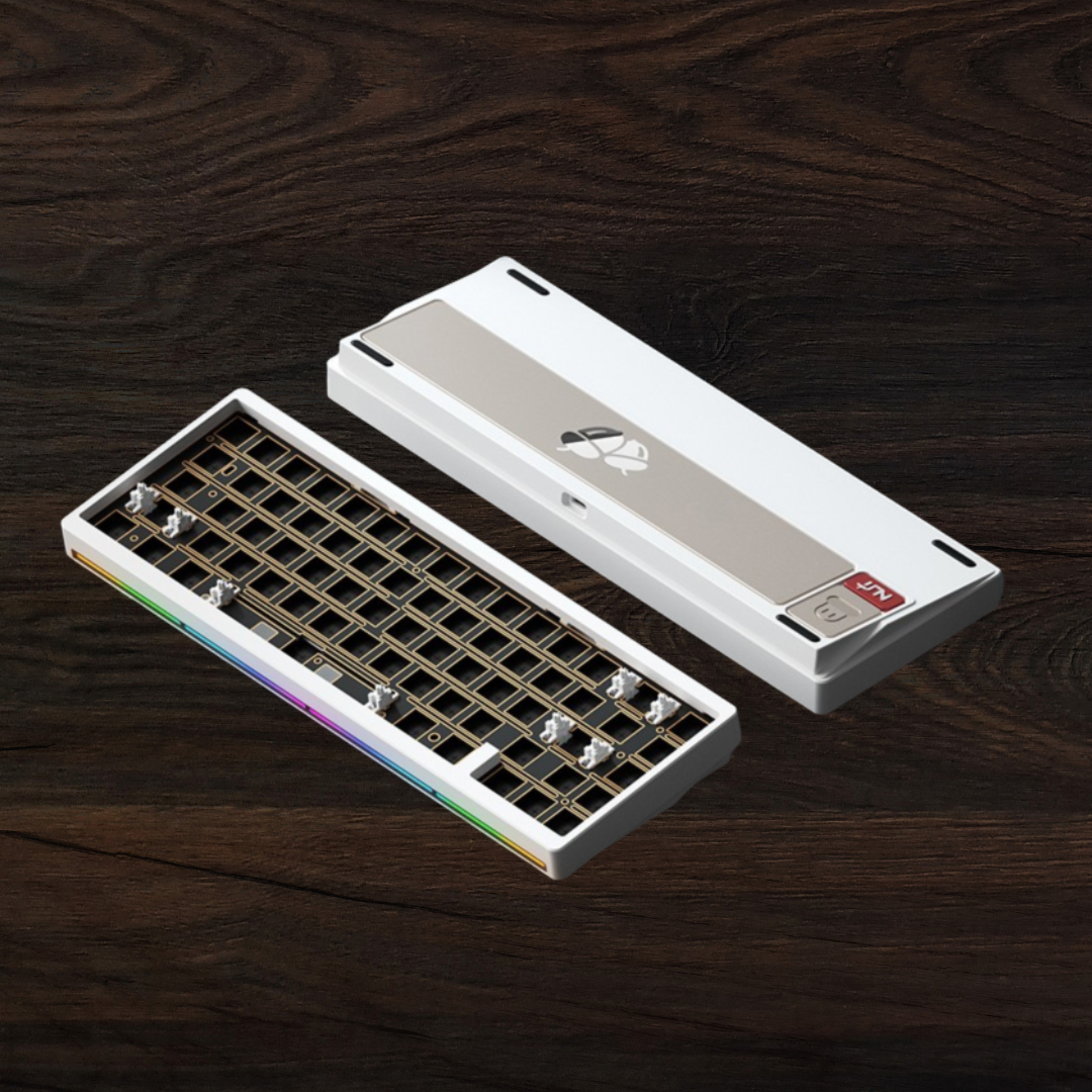 Weikav Nut 65 White Keyboard case with RGB lighting on a wooden surface