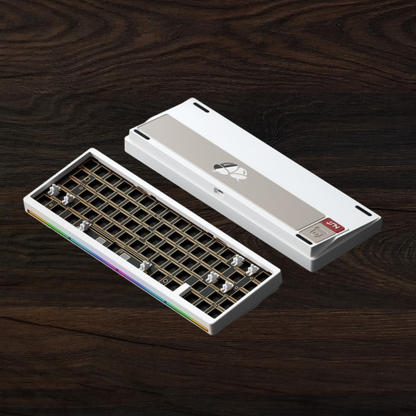 Weikav Nut 65 White Keyboard case with RGB lighting on a wooden surface