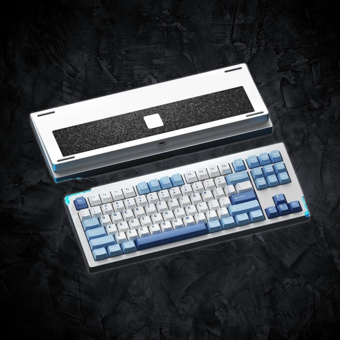 Mechanical keyboard with blue and white keycaps on a dark textured background