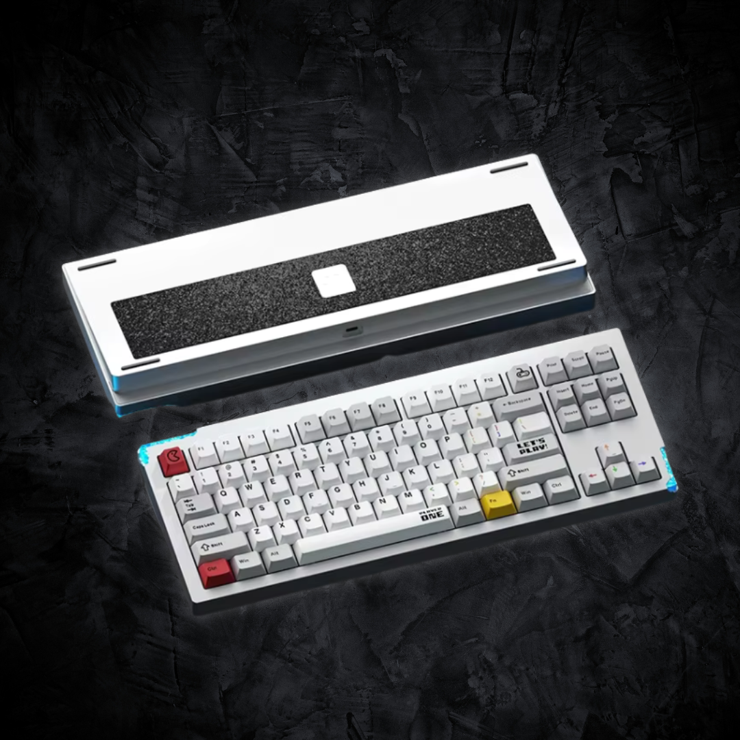 Mechanical keyboard with a transparent top cover on a dark textured background