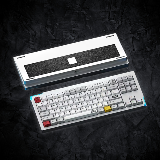 Mechanical keyboard with a transparent top cover on a dark textured background