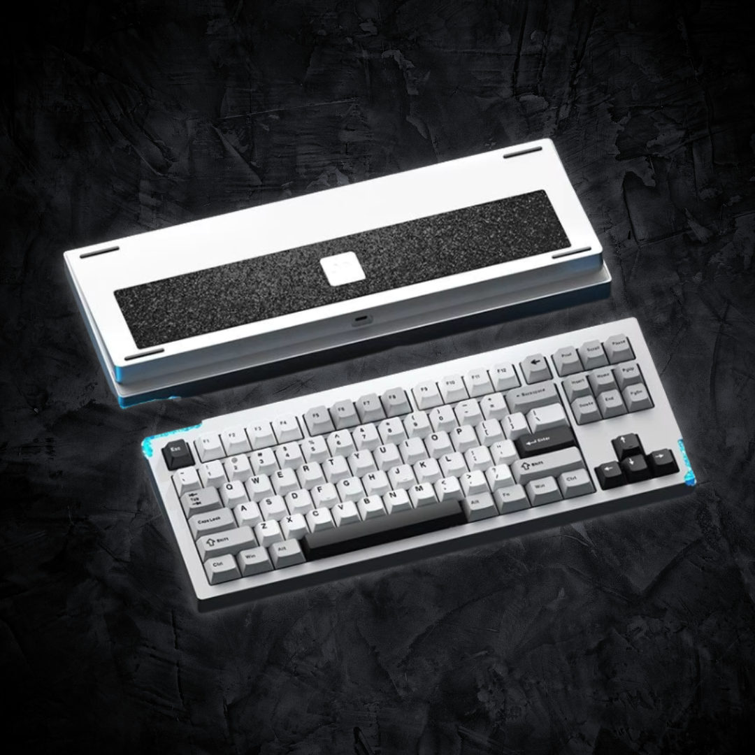 Mechanical keyboard with a transparent keycaps panel on a dark textured background