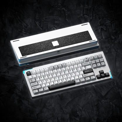 Mechanical keyboard with a transparent keycaps panel on a dark textured background