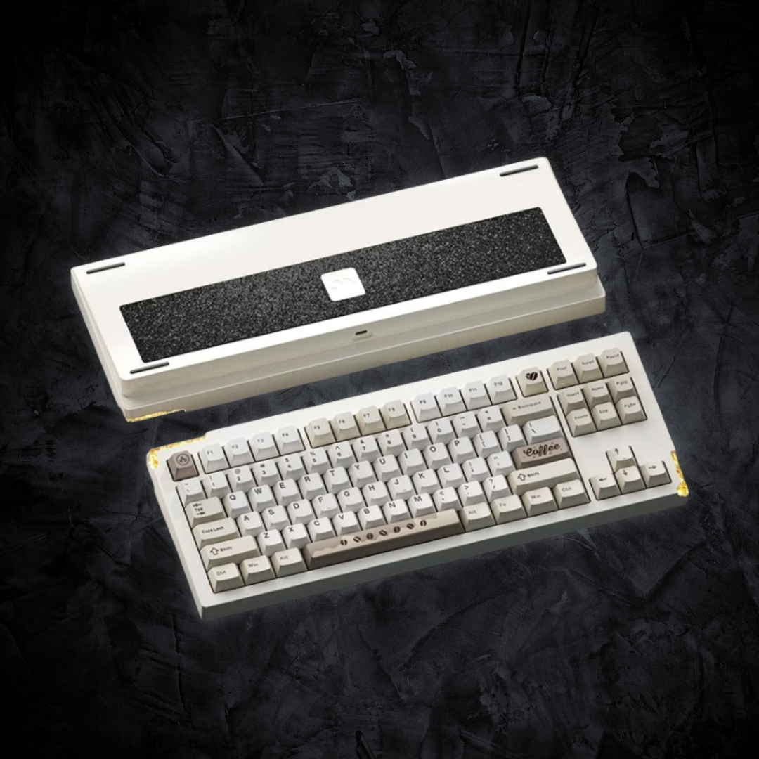 Mechanical keyboard with a black rubber mat on a dark textured background