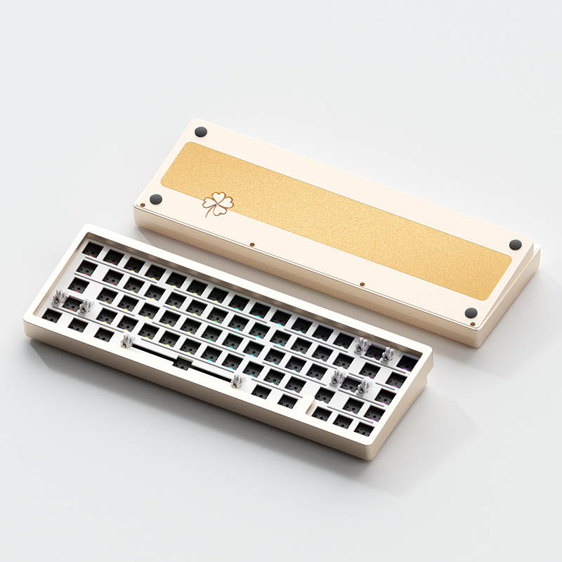 A Photo of the What The Thock Lucky65 65% mechanical keyboard showing the front and back of the milky white version in barebones form